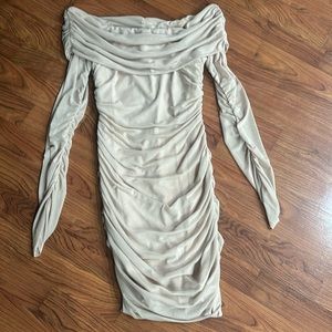 Bebe Nude Color Ruched Mesh Bodycon | Size Small